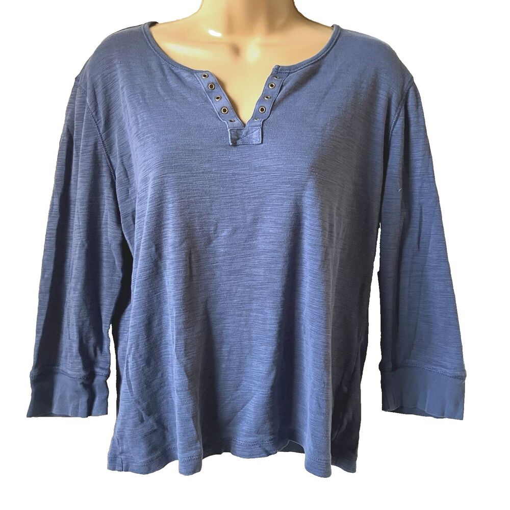Chaps Denim Henley T-Shirt Tie Front Heathered Blue L Boho Preppy Western Summer